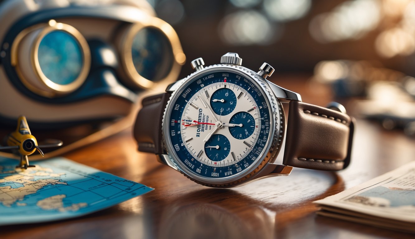 Jam tangan Breitling Navitimer diletakkan di atas meja kayu dengan aksesori penerbangan seperti kacamata pilot, model pesawat kecil, dan peta penerbangan di sekitarnya.