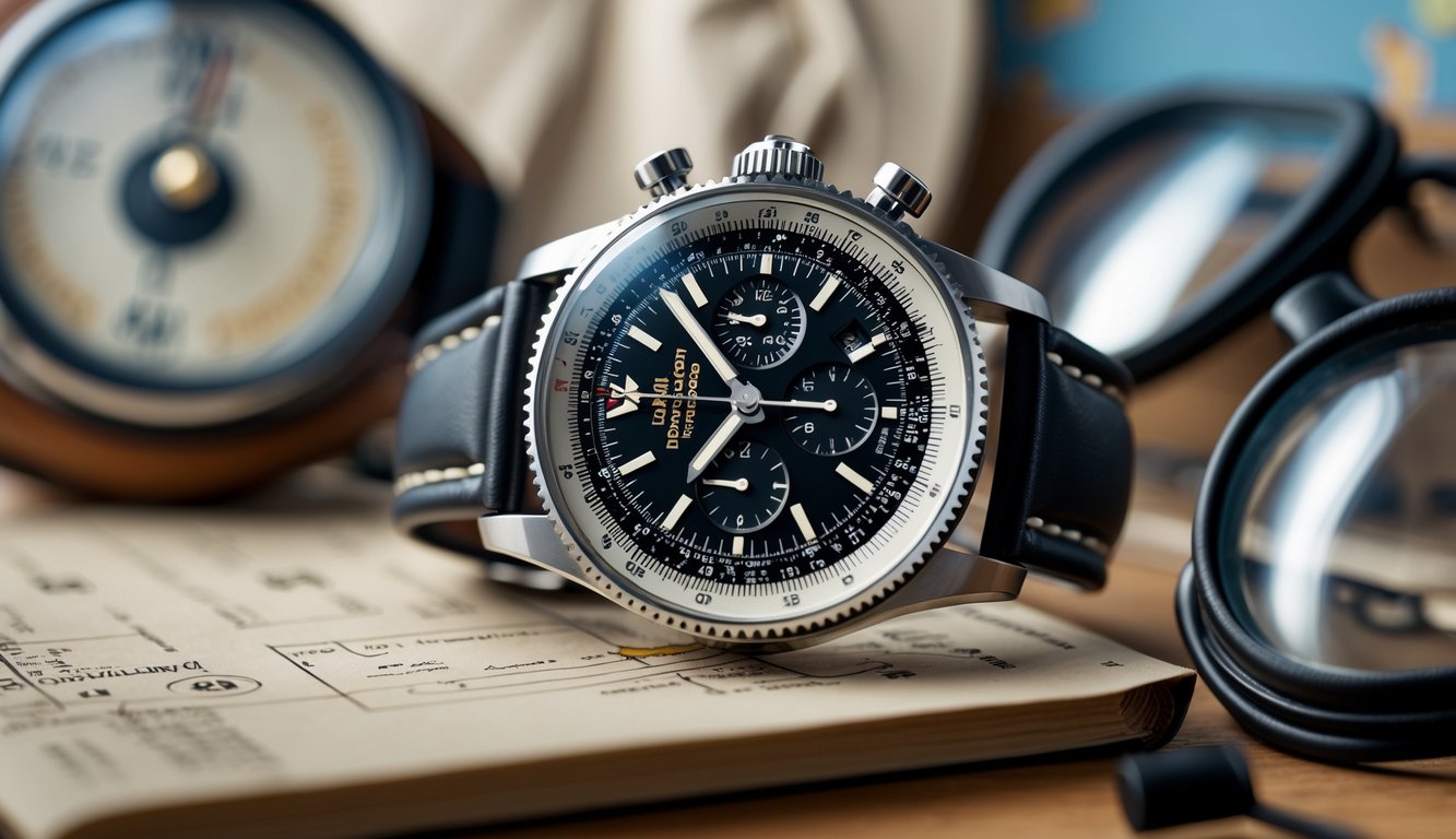 Jam tangan Breitling Navitimer dengan bezel slide rule ikonik diletakkan di atas meja kayu dengan latar belakang alat penerbangan.