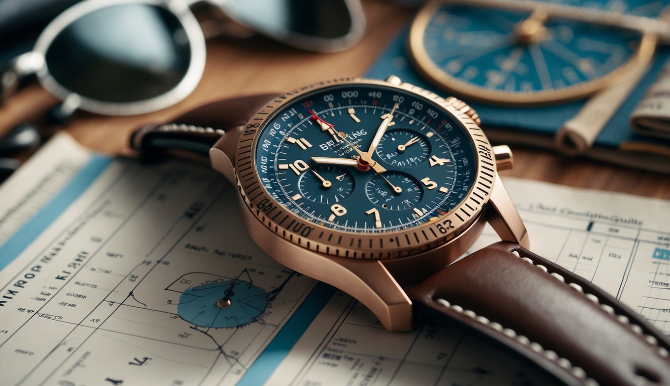 Foto close-up jam tangan pilot Breitling Navitimer di atas meja kayu dengan peta penerbangan dan buku catatan pilot di latar belakang.