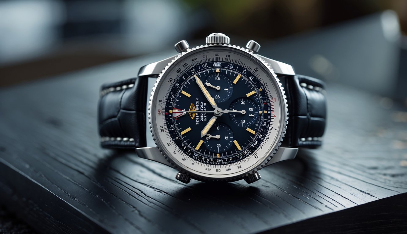 Sebuah jam tangan Breitling Navitimer dengan desain klasik dan bezel slide rule, diletakkan di atas permukaan kayu gelap.