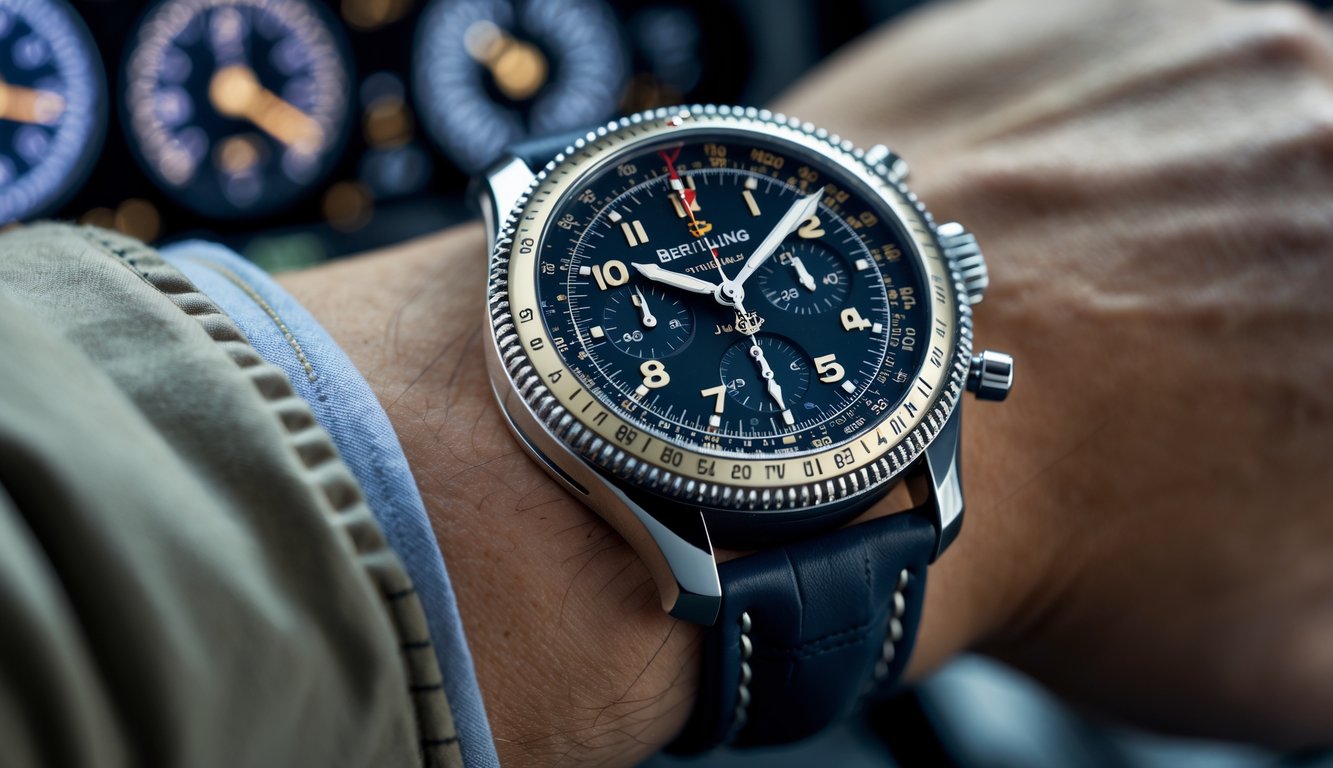 Gambar jam tangan Breitling Navitimer yang dikenakan di pergelangan tangan seorang pilot dengan latar belakang kabin pesawat.