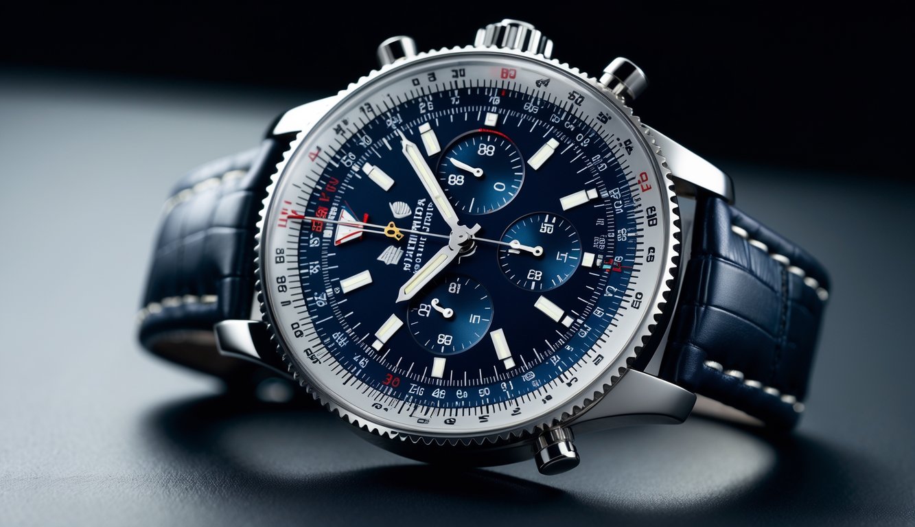Jam tangan Breitling Navitimer dengan bezel slide rule yang digunakan untuk perhitungan navigasi penerbangan.