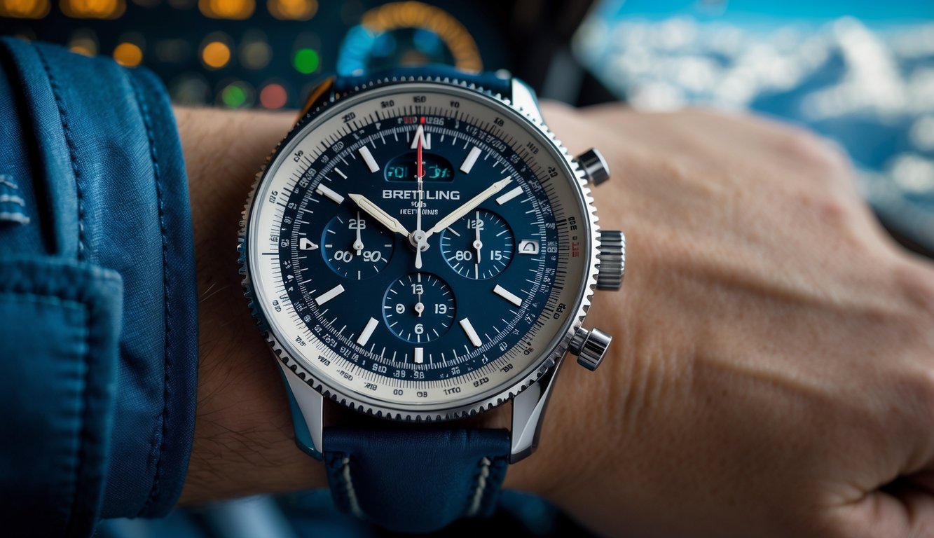 Foto jam tangan Breitling Navitimer di pergelangan tangan pilot dengan latar belakang panel instrumen pesawat.