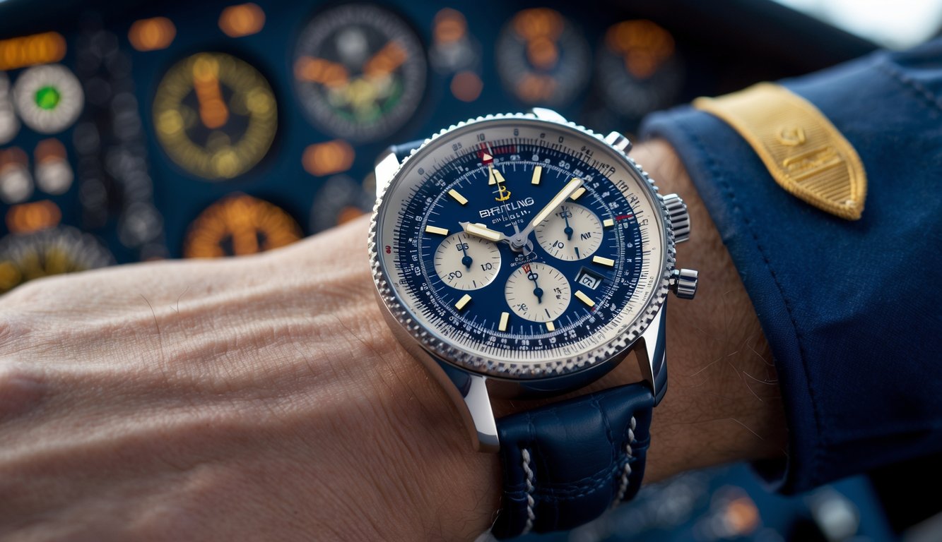 Seorang pilot mengenakan jam tangan Breitling Navitimer dengan latar belakang kokpit pesawat.