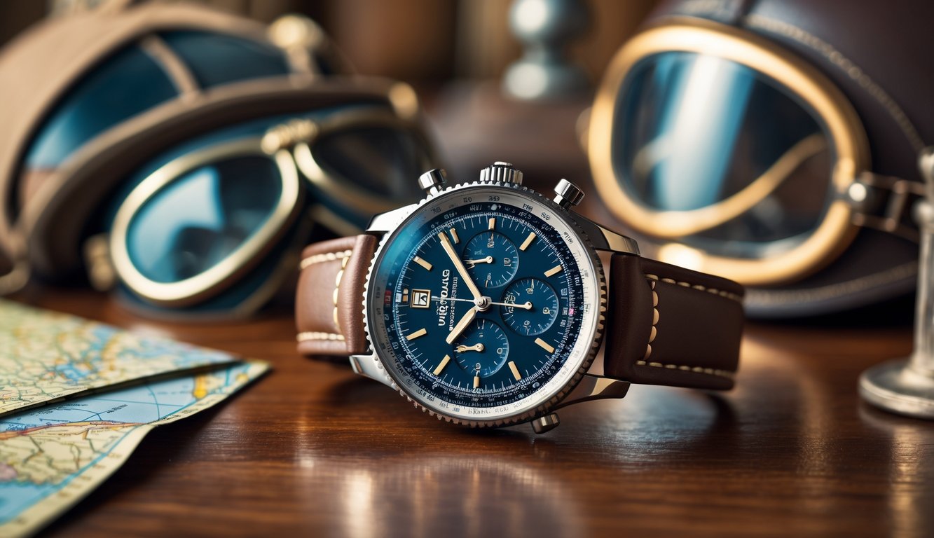 Jam tangan Breitling Navitimer diletakkan di atas meja kayu dengan aksesori pilot vintage di sekitarnya.