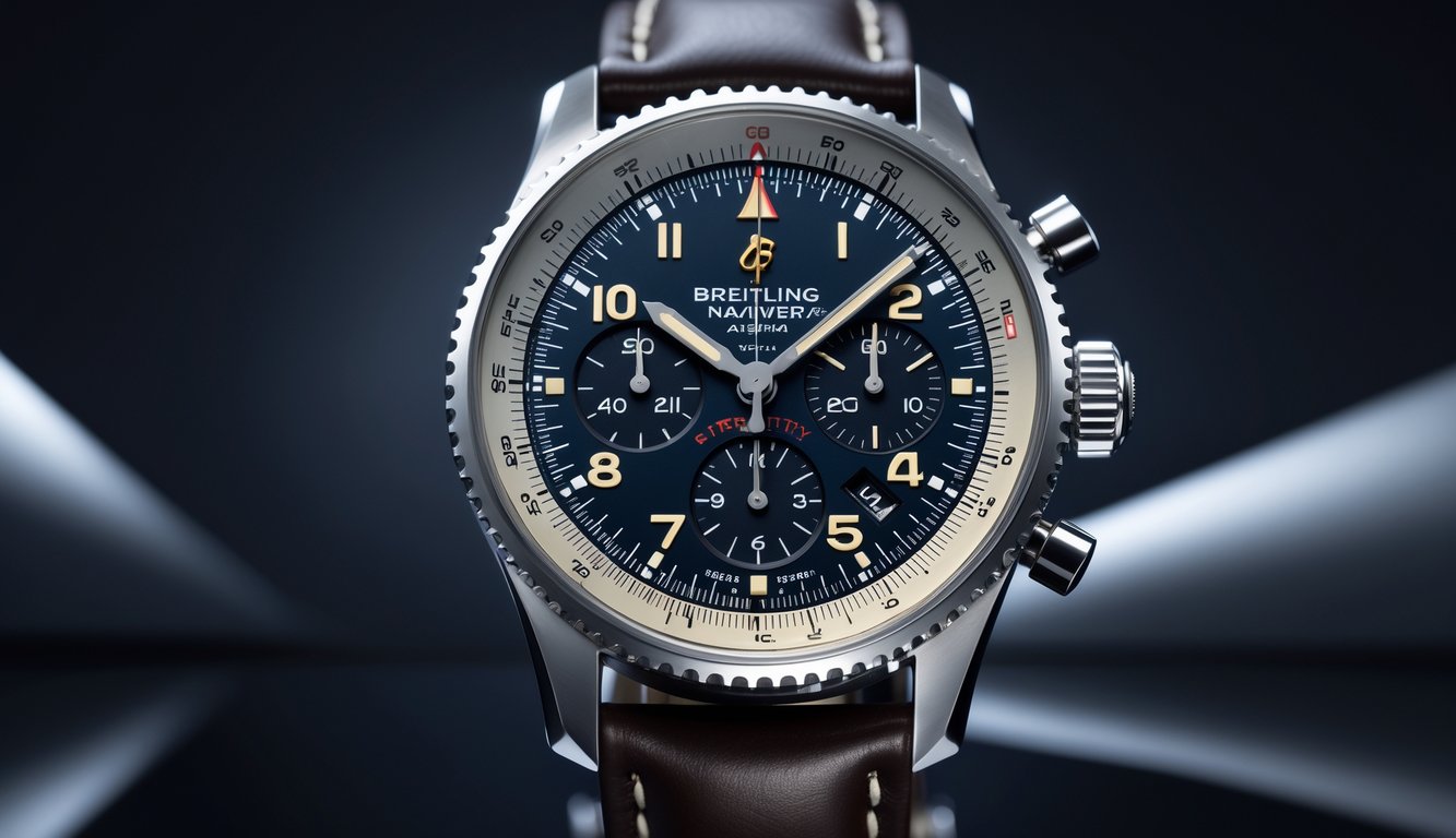 Foto close-up jam tangan pilot Breitling Navitimer dengan latar belakang gelap, menampilkan detail wajah jam, tali kulit, dan bingkai stainless steel.