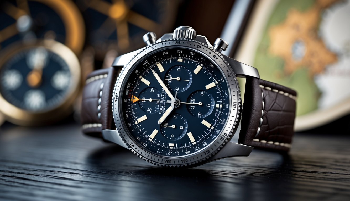 Jam tangan Breitling Navitimer dengan detail fungsional dan estetika terlihat jelas di atas permukaan kayu, dengan latar belakang alat penerbangan dan peta yang samar.