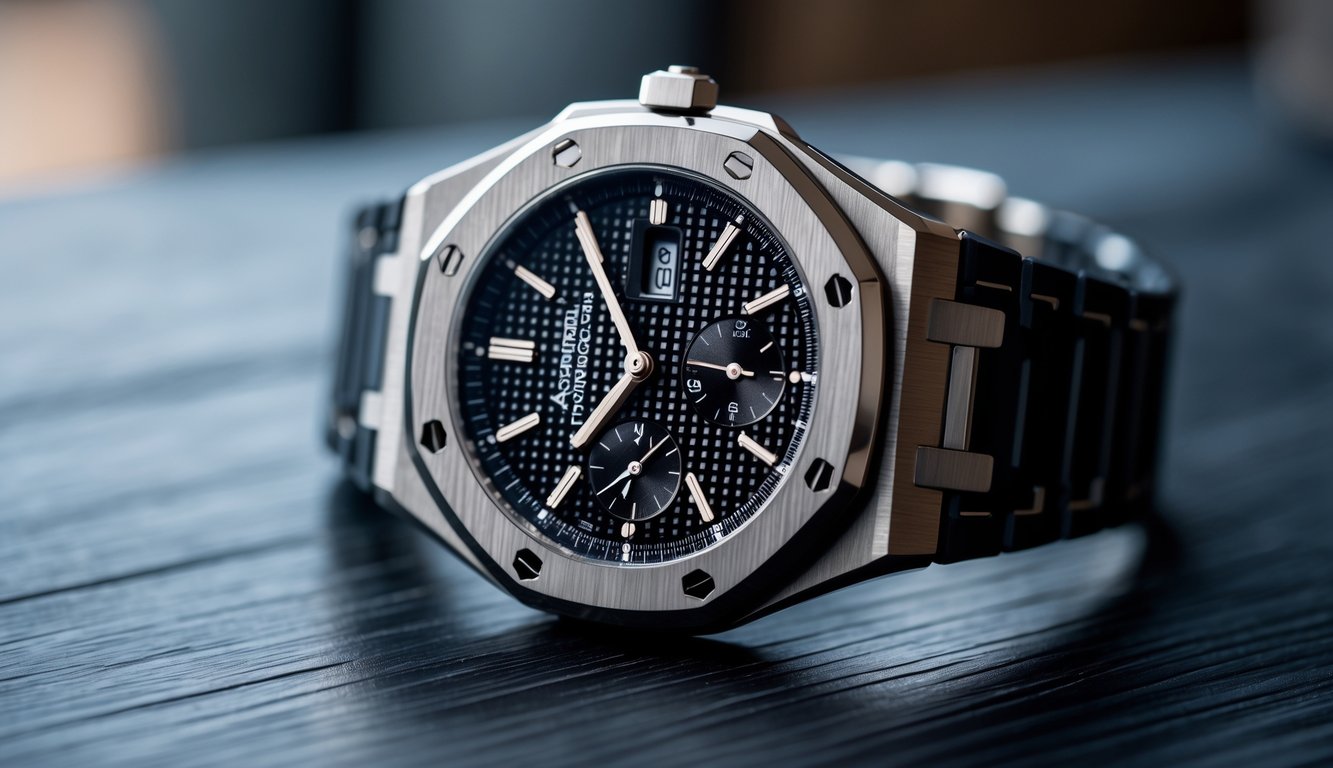 Foto jam tangan Audemars Piguet Royal Oak dengan bezel oktagonal dan delapan sekrup di atas permukaan kayu gelap.