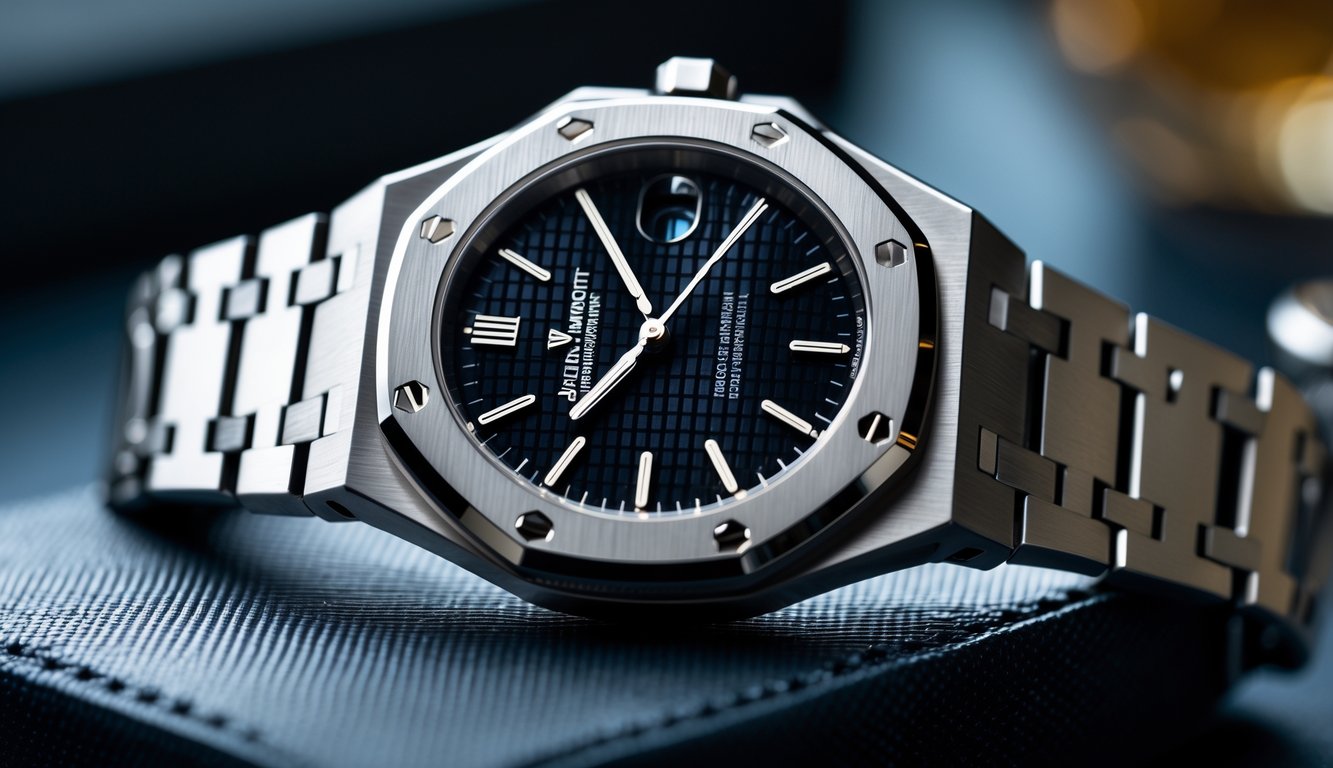 Foto close-up jam tangan Audemars Piguet Royal Oak yang menampilkan bezel oktagonal dengan sekrup segi enam, diletakkan di atas permukaan gelap.