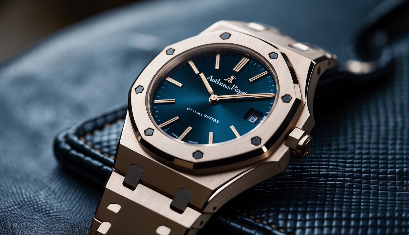 Foto close-up jam tangan Audemars Piguet Royal Oak dengan bezel oktagonal khas dan detail dial yang terlihat jelas.