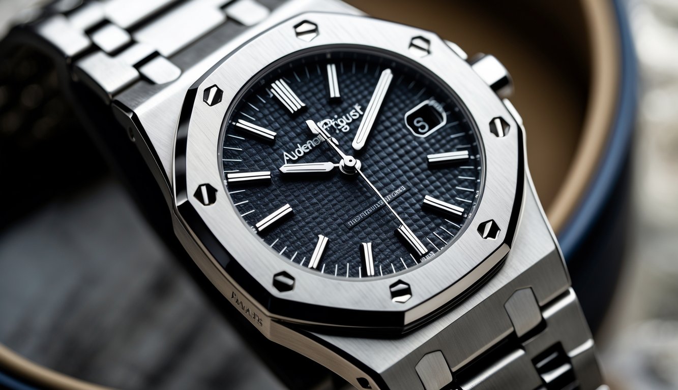 Foto close-up sebuah jam tangan mewah Audemars Piguet Royal Oak dengan bezel segi delapan dan delapan sekrup segi enam yang elegan.