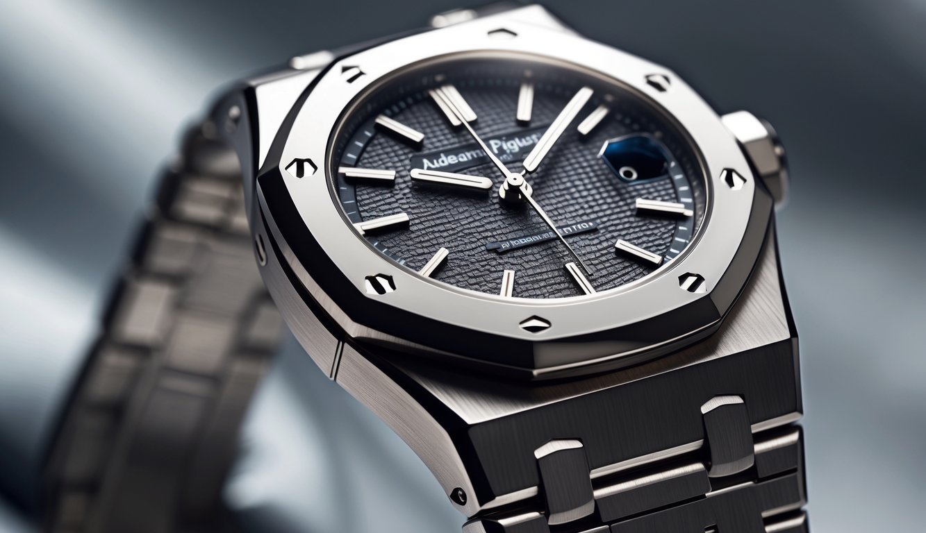 Foto close-up jam tangan Audemars Piguet Royal Oak yang menampilkan bezel oktagonal dan sekrup segi enam.