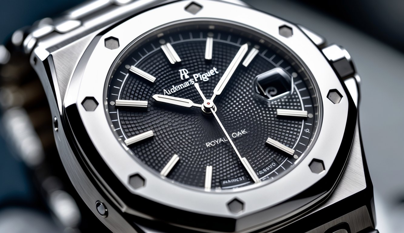 Foto close-up jam tangan Audemars Piguet Royal Oak yang menampilkan bezel oktagonal dan sekrup segi enam pada bingkai jam.