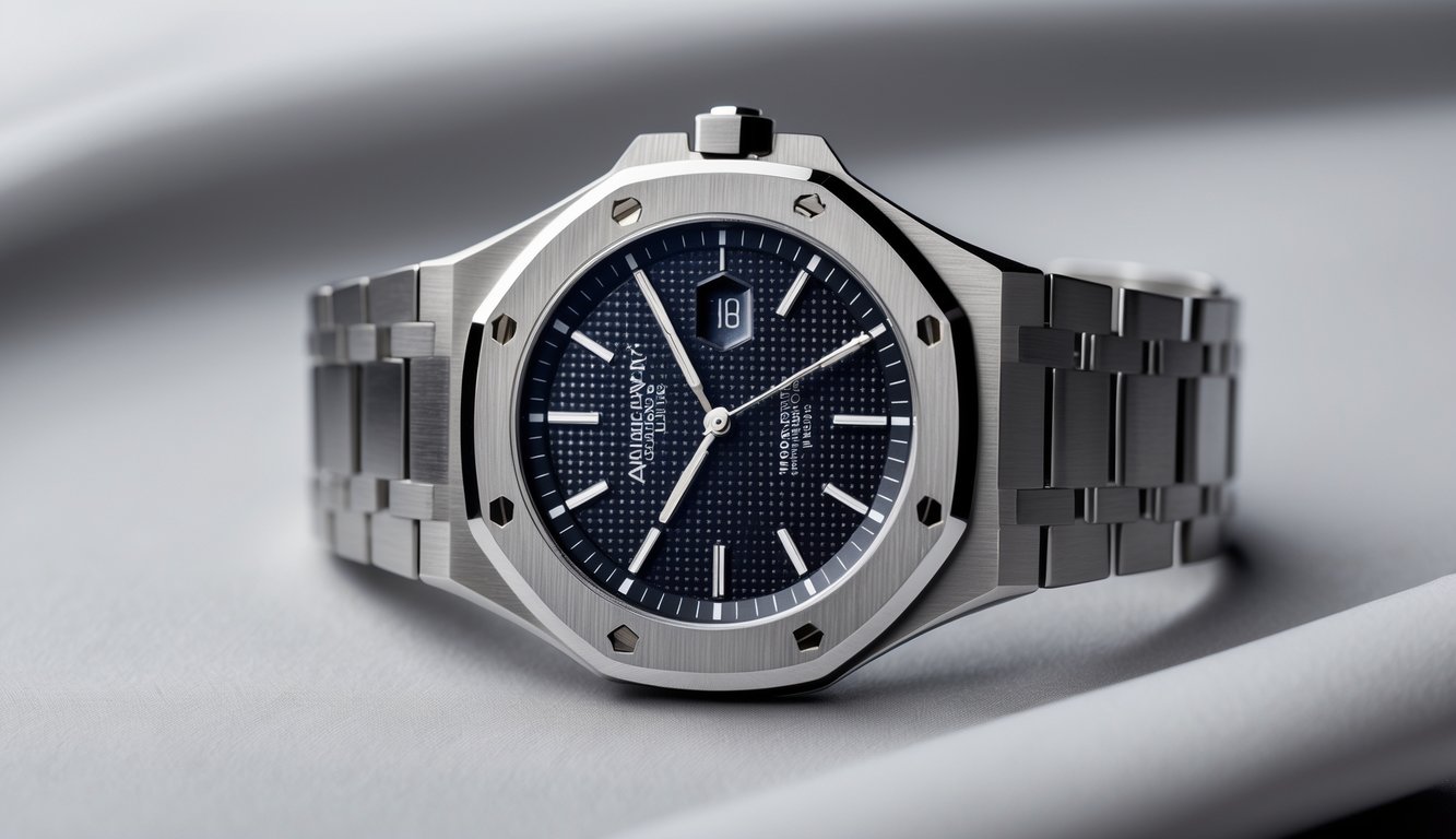 Gambar jam tangan mewah Audemars Piguet Royal Oak dengan bezel oktagonal dan delapan sekrup yang terlihat jelas.