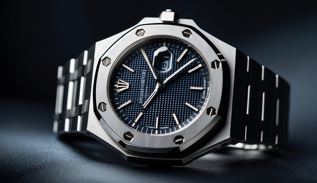 Gambar jam tangan Audemars Piguet Royal Oak dengan bezel oktagonal dan delapan sekrup, ditampilkan di latar belakang gelap.