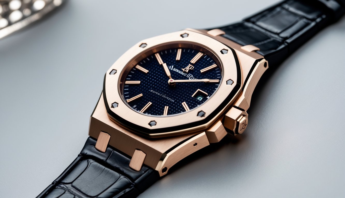 Gambar close-up jam tangan Audemars Piguet Royal Oak yang menampilkan bezel oktagonal dan sekrup segi enam.