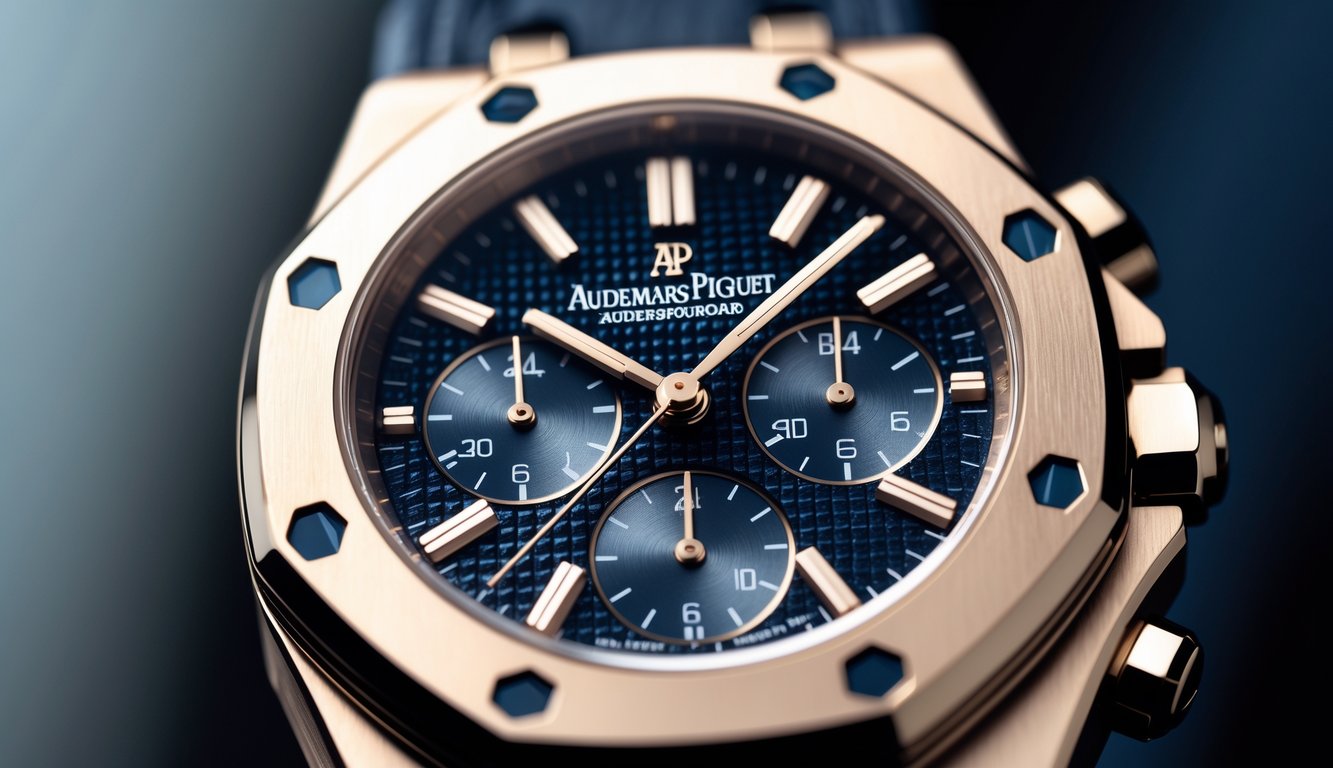 Foto close-up jam tangan Audemars Piguet Royal Oak yang menampilkan bezel oktagonal dan sekrup segi enam dengan latar belakang buram.