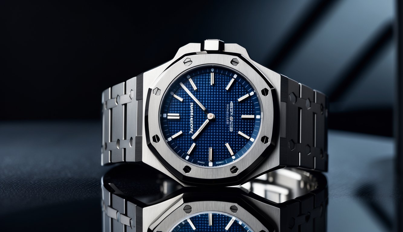 Foto jam tangan Audemars Piguet Royal Oak dengan bezel oktagonal dan delapan sekrup, diletakkan di permukaan hitam reflektif.