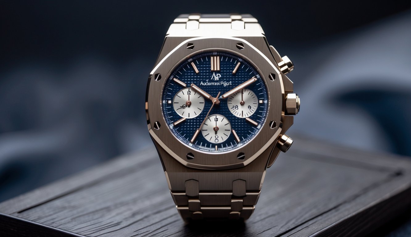 Jam tangan Audemars Piguet Royal Oak dengan bezel oktagonal dan delapan sekrup, diletakkan di atas permukaan kayu gelap.