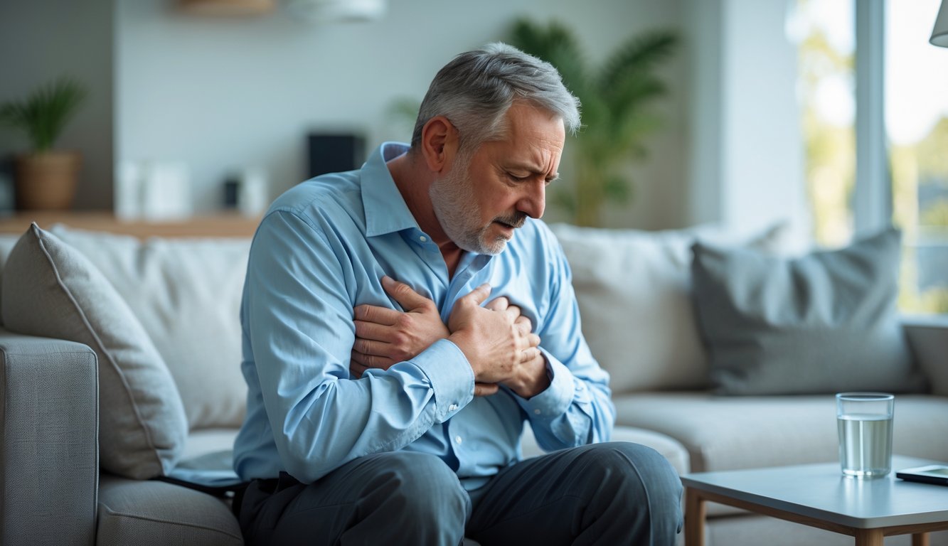 Seorang pria paruh baya duduk di ruang tamu sambil memegang dadanya dengan ekspresi kesakitan.