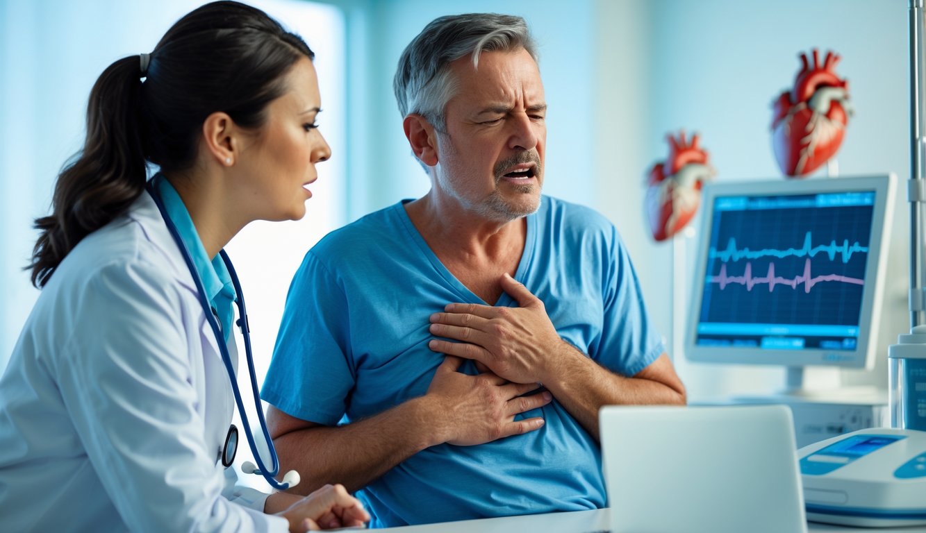 Seorang pria menahan dada dengan ekspresi sakit, didampingi tenaga medis di ruang klinik.
