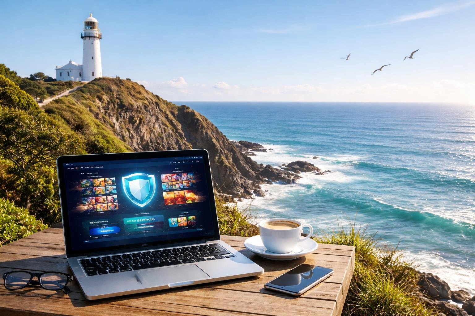 Byron Bay Lighthouse on a rocky cliff overlooking the ocean with a laptop on a wooden surface nearby, showing a calm coastal scene.