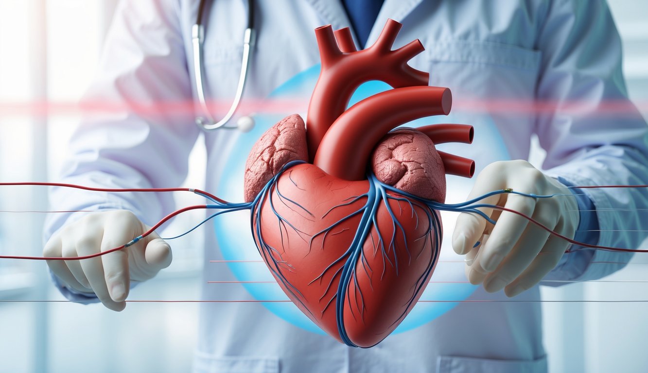 Gambar jantung manusia dengan arteri koroner yang tersumbat total dan menunjukkan kerusakan otot jantung.