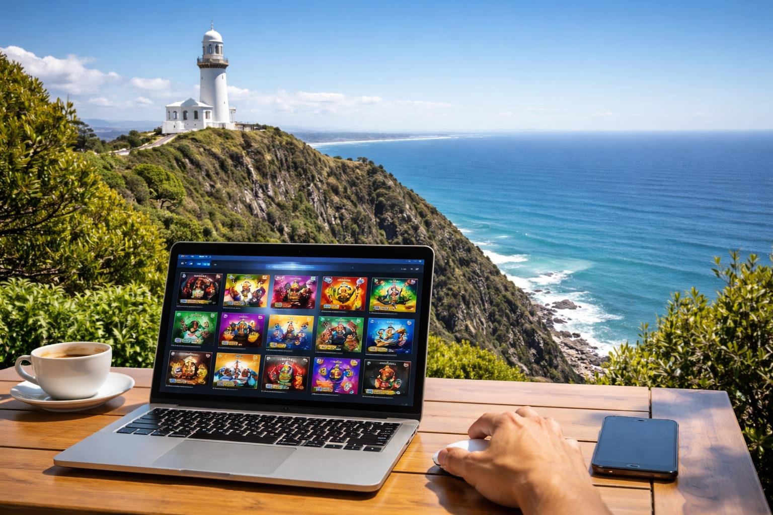 A laptop on a wooden table near Byron Bay Lighthouse on a cliff, overlooking the ocean, with a person using a mouse beside it.
