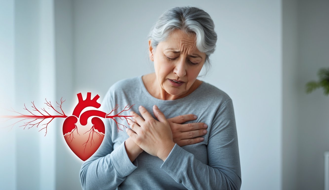 Seorang pria paruh baya memegang dada dengan ekspresi kesakitan dan sesak napas di latar belakang ruangan bersih.