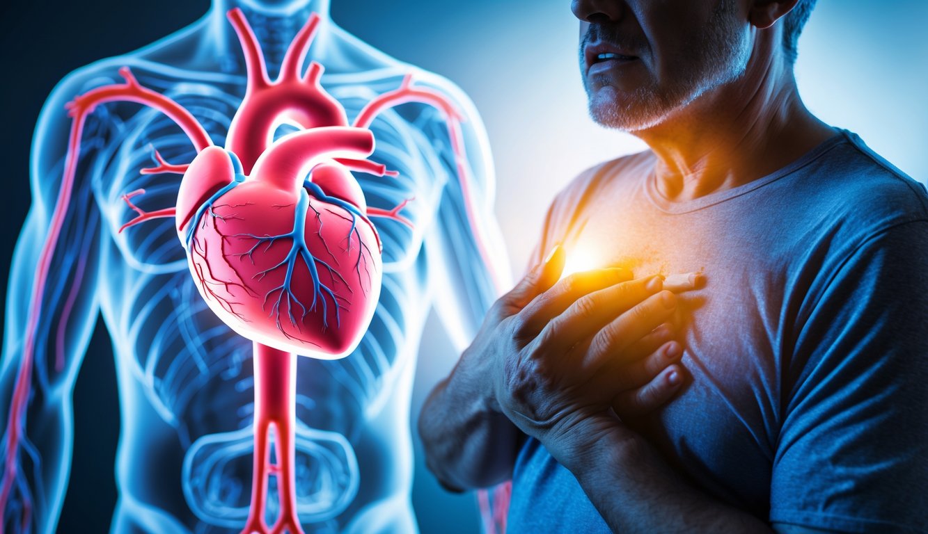Seseorang memegang dada dengan ekspresi kesakitan, dengan ilustrasi jantung dan pembuluh darah di latar belakang.