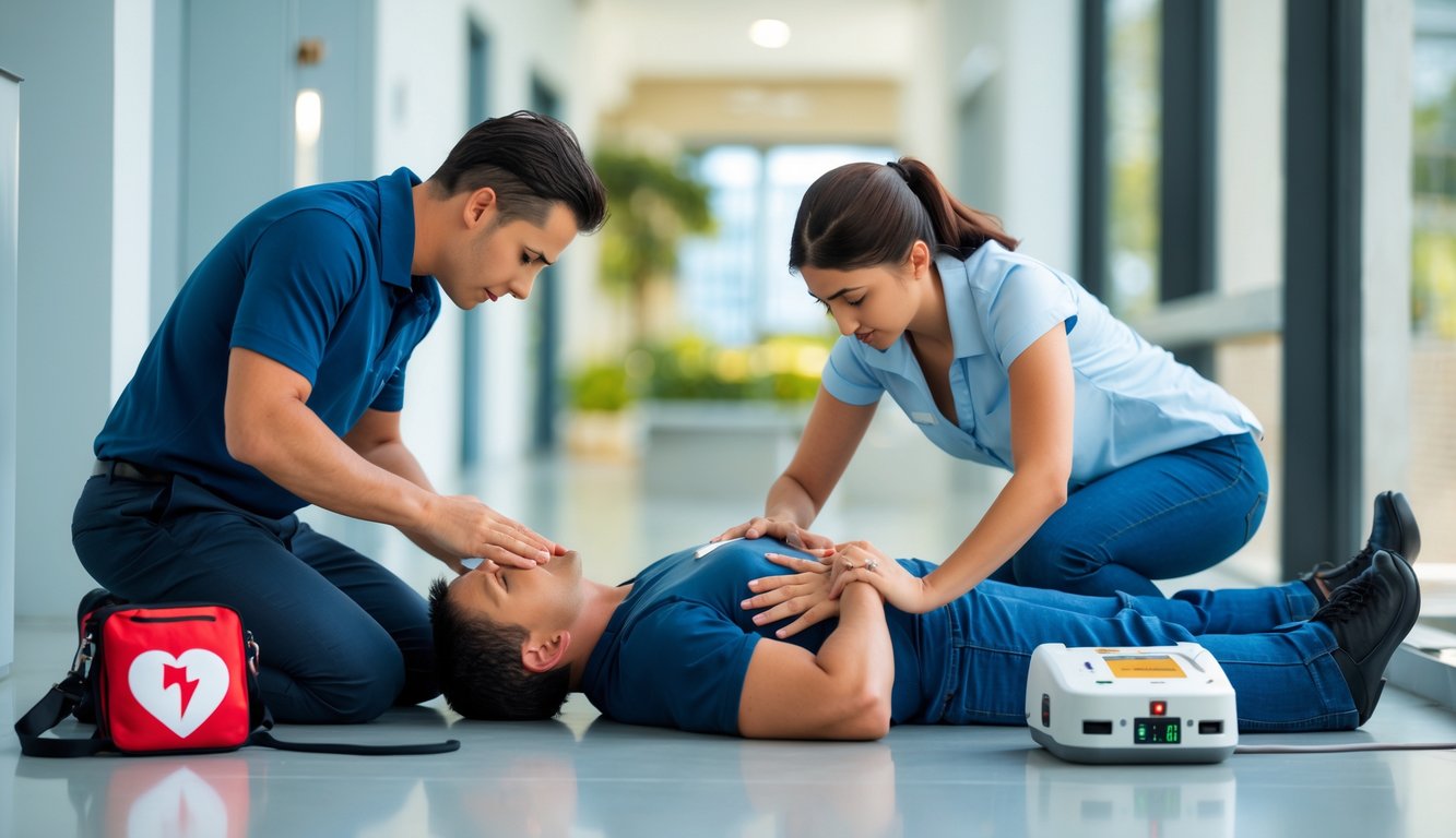 Seseorang memberikan pertolongan pertama dengan melakukan kompresi dada pada orang dewasa yang tergeletak, sementara orang lain menelepon layanan darurat.