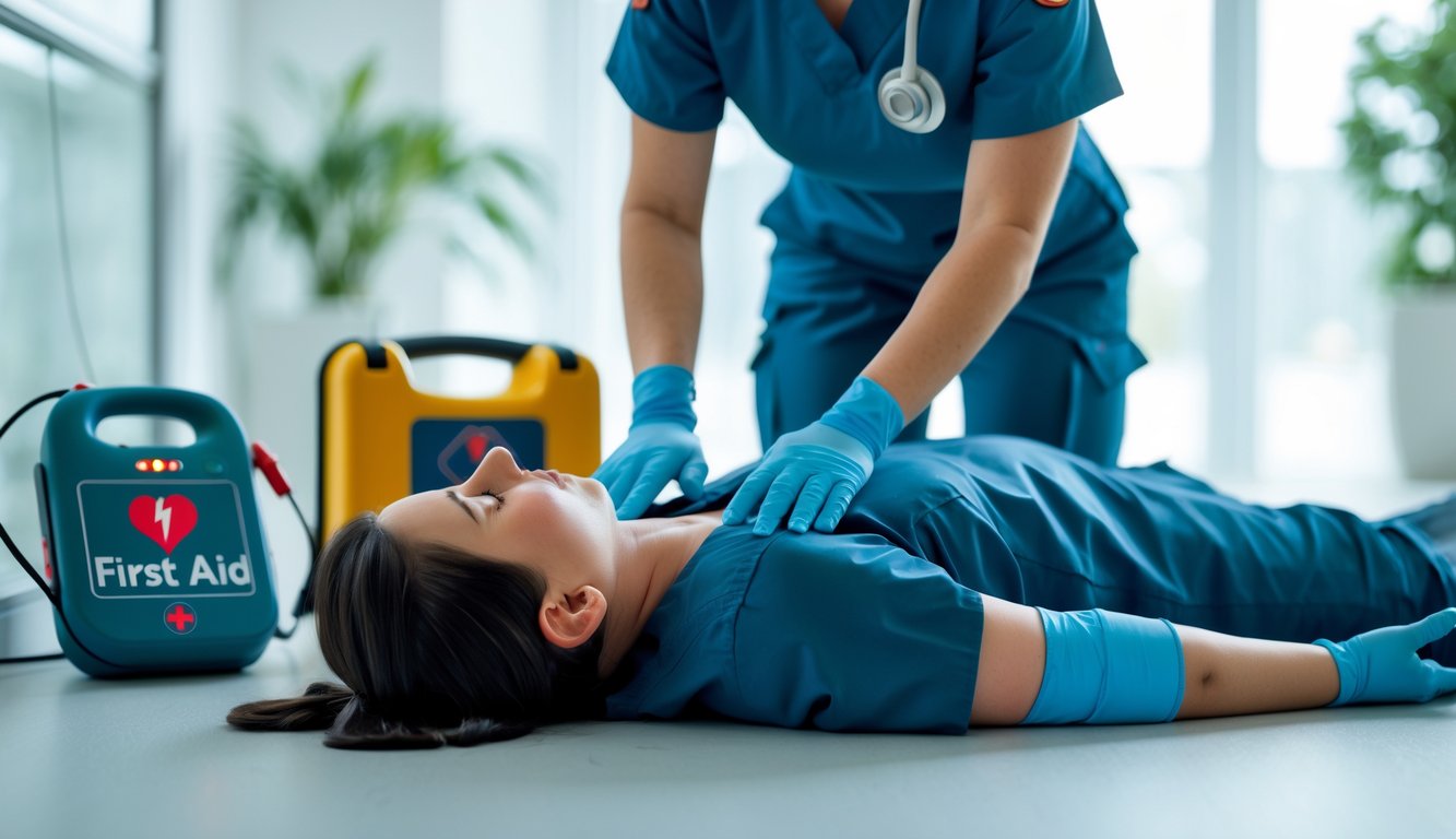 Seorang petugas medis sedang melakukan CPR pada pasien dewasa yang tergeletak di lantai dengan alat pertolongan pertama di dekatnya.