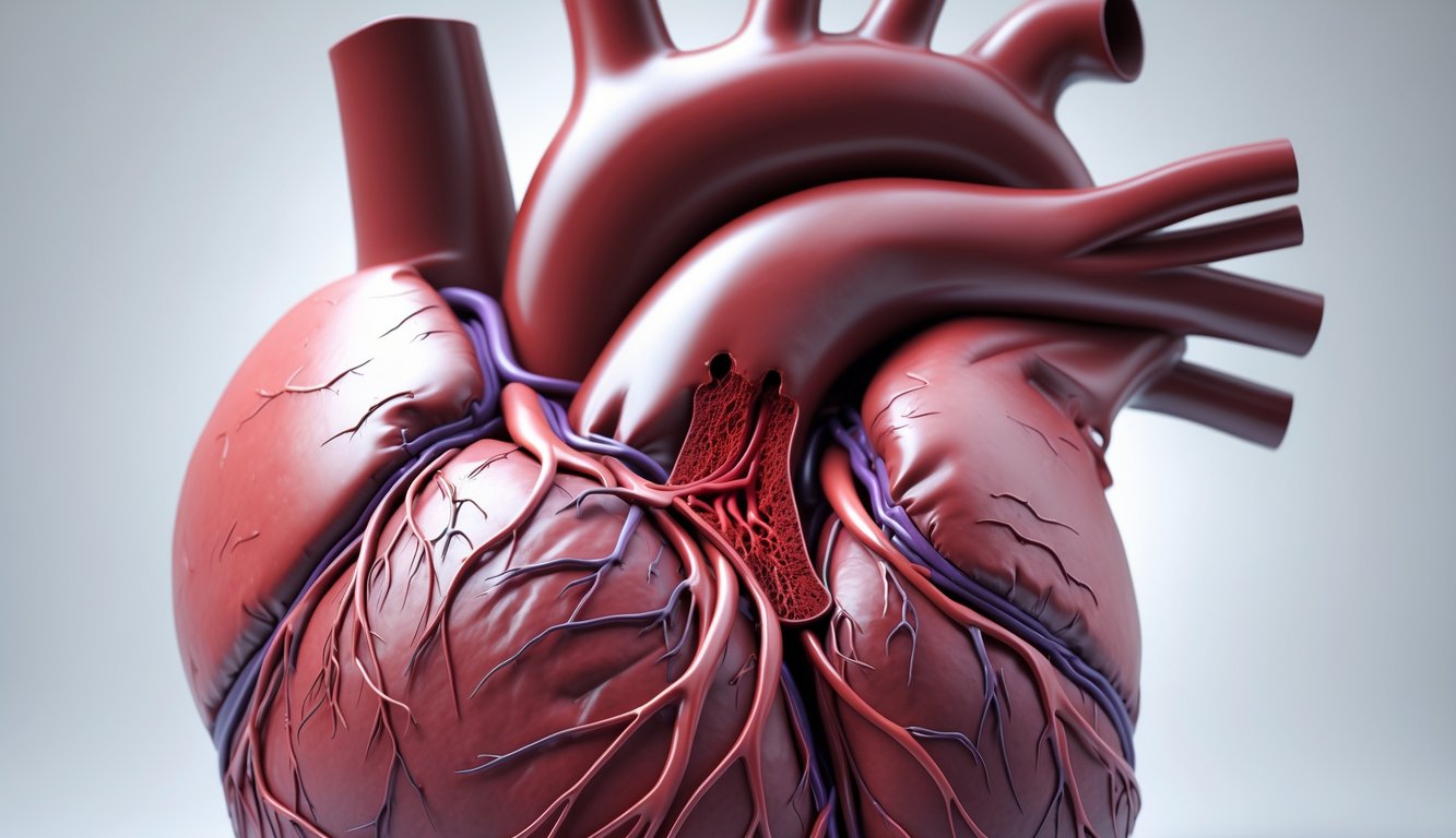 Gambar jantung manusia dengan arteri tersumbat dan jaringan otot jantung yang rusak akibat serangan jantung akut.