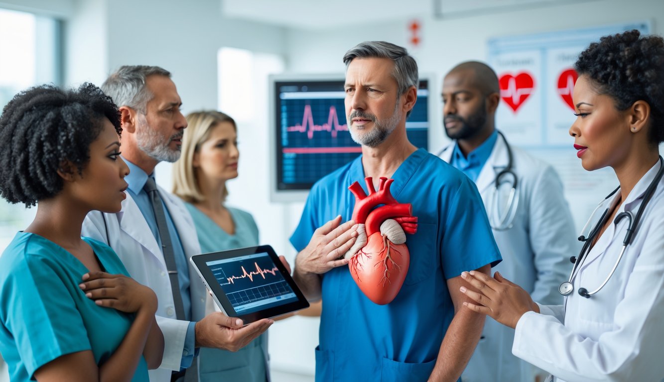Sekelompok orang di ruang medis dengan dokter yang menjelaskan kesehatan jantung, seseorang memegang dada dengan ekspresi khawatir.