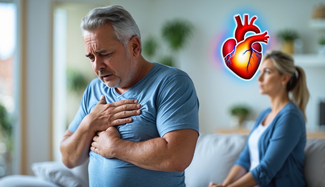 Seorang pria paruh baya memegang dadanya dengan ekspresi khawatir, didampingi oleh seorang wanita yang terlihat cemas di ruang tamu yang terang.