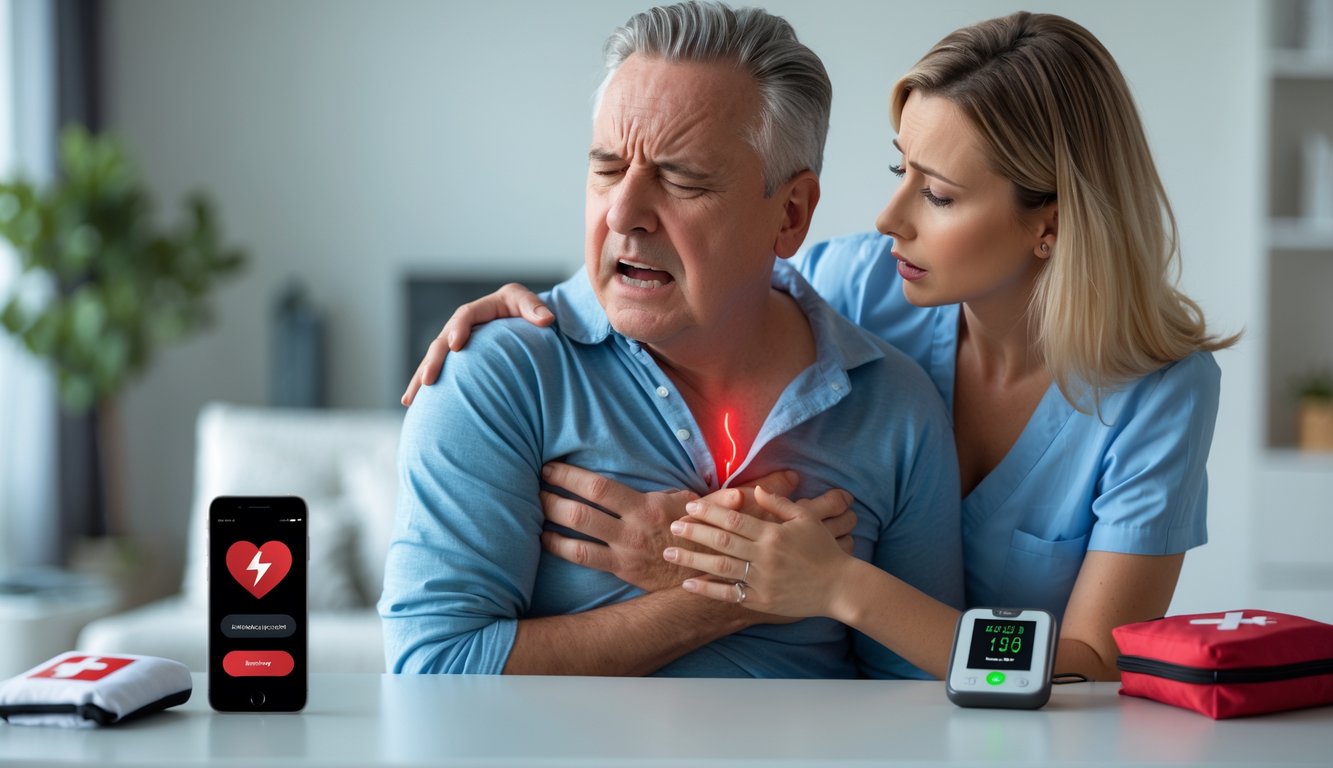 Seorang pria dan wanita di rumah, pria memegang dada dengan ekspresi sakit, wanita terlihat cemas dan mencoba membantu.