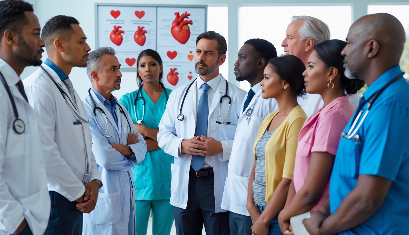 Seorang dokter pria menjelaskan gejala serangan jantung kepada kelompok pria dan wanita di ruang medis dengan peralatan kesehatan di latar belakang.
