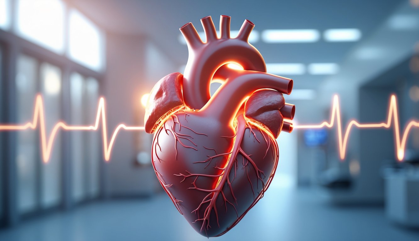 Gambaran jantung manusia dengan arteri yang tersumbat oleh bekuan darah, menunjukkan kondisi serangan jantung.