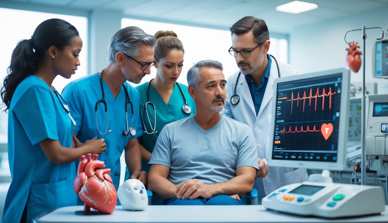 Seorang pasien duduk bersama dokter dan perawat yang sedang memeriksa hasil elektrokardiogram di ruang rumah sakit.