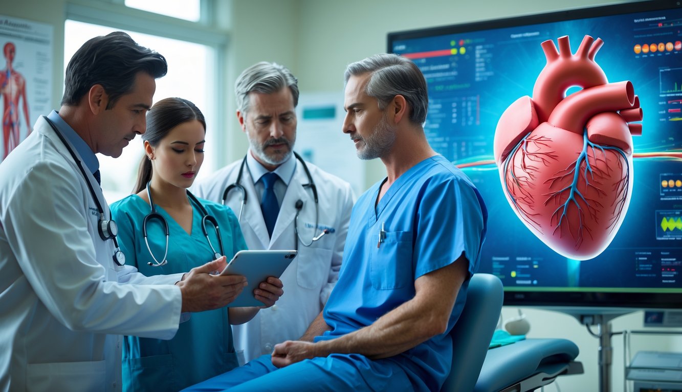 Seorang dokter dan perawat sedang berdiskusi dengan pasien di klinik medis mengenai kesehatan jantung dengan model jantung dan aliran darah terlihat di layar.