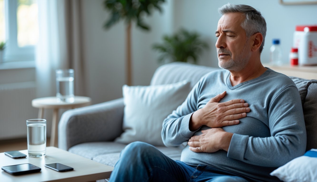 Seorang pria paruh baya duduk di sofa di ruang tamu, memegang dada dengan ekspresi khawatir dan tampak tidak nyaman.