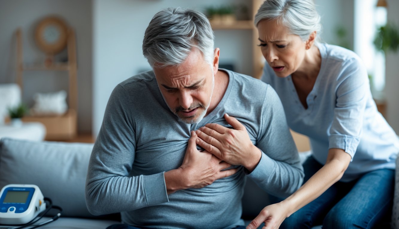 Seorang pria paruh baya memegang dadanya dengan ekspresi kesakitan, didampingi oleh anggota keluarga yang terlihat khawatir di ruang tamu.