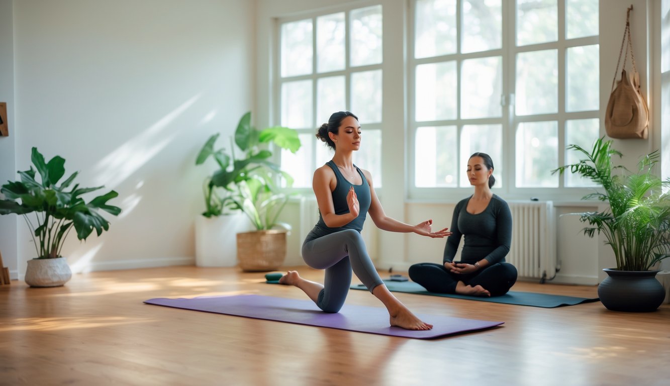 Seseorang melakukan pose asana yoga dengan perlahan di studio yoga yang terang, sementara orang lain duduk bersila melakukan latihan pernapasan.