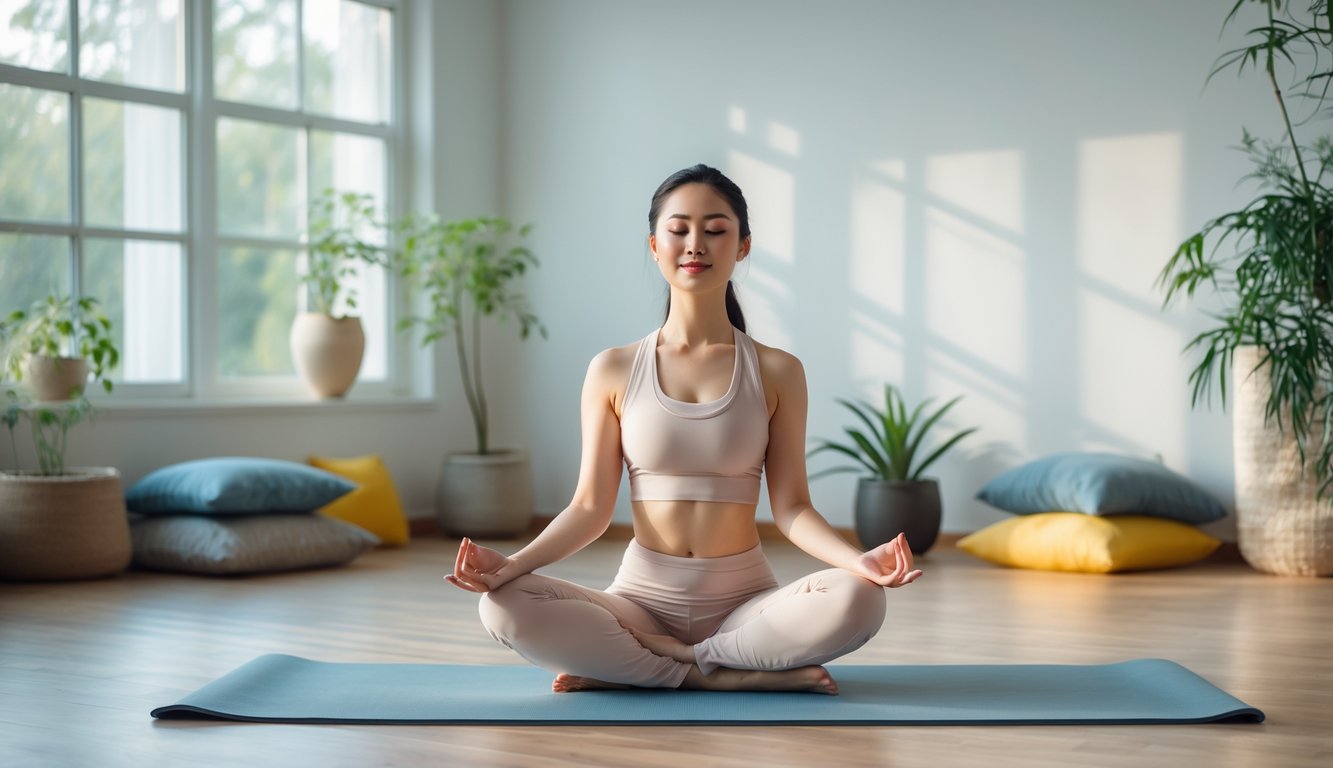 Seorang wanita muda sedang duduk bersila di atas matras yoga di dalam studio dengan cahaya alami, berlatih postur dan pernapasan Hatha Yoga dasar.