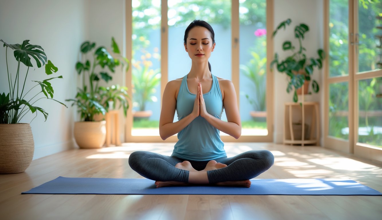 Seorang wanita duduk bersila di atas matras yoga di dalam ruangan dengan cahaya alami, fokus pada postur tubuh dan pernapasan.