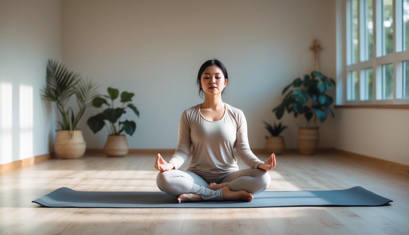 Seseorang sedang melakukan yoga Hatha lambat duduk bersila di studio yoga dengan cahaya alami dan dekorasi minimalis.