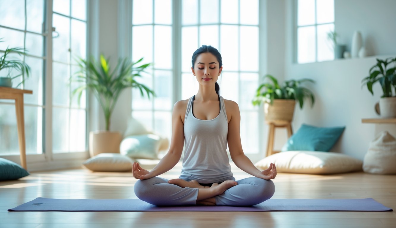 Seorang wanita muda duduk tenang dalam posisi yoga di dalam ruangan yang terang dan nyaman, dengan tanaman dan dekorasi sederhana di latar belakang.