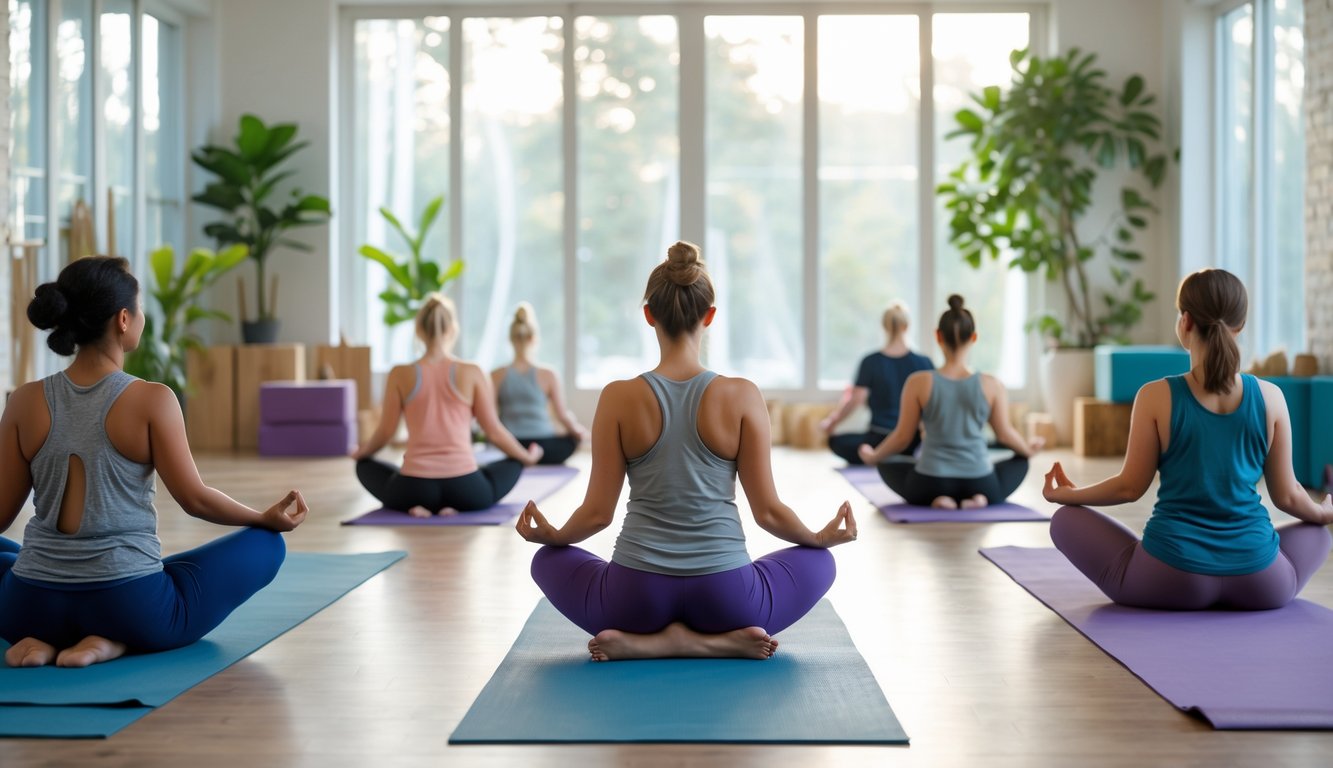 Sekelompok orang sedang melakukan latihan Hatha Yoga santai di sebuah studio yoga dengan cahaya alami dan suasana tenang.