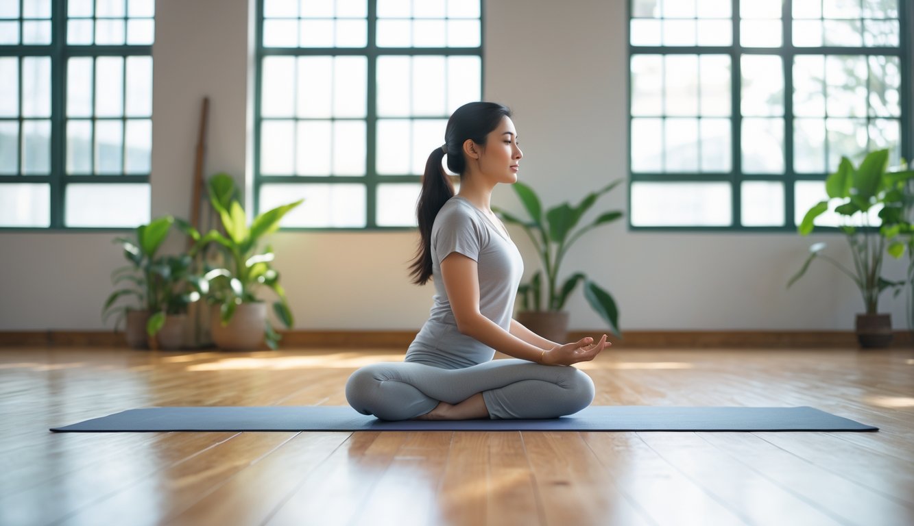 Seorang wanita muda melakukan pose yoga Hatha dengan perlahan di studio yoga yang terang dan tenang.