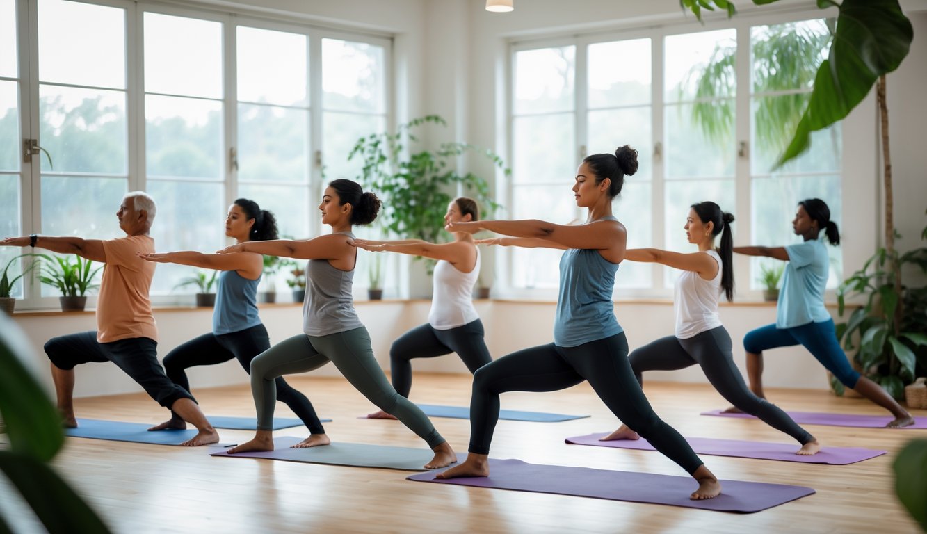 Sekelompok orang berlatih yoga Hatha secara perlahan di studio dengan cahaya alami dan suasana tenang.